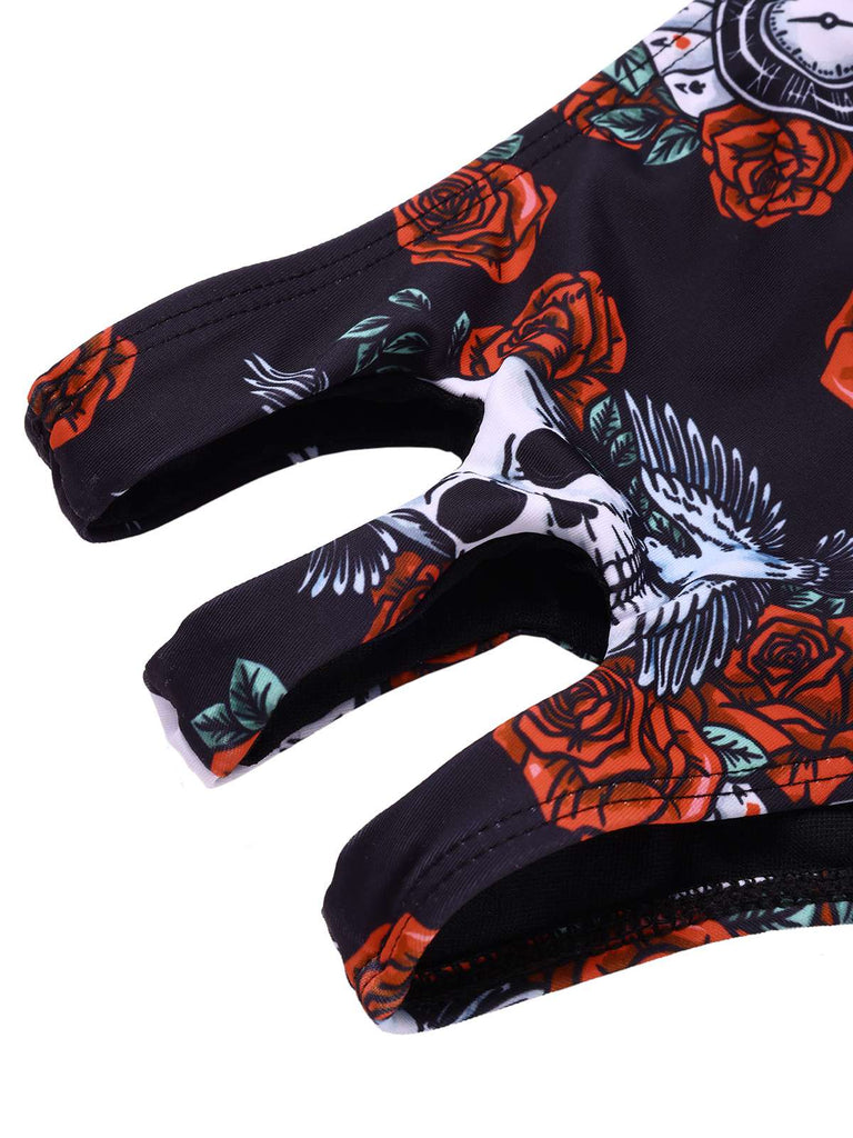 Schwarz 1970er Rose Schädel Schnürung Tankini