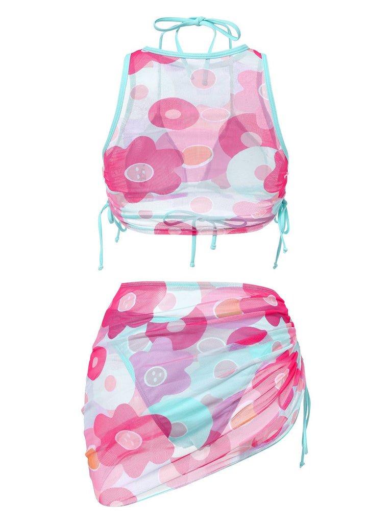 2PCS 1950er Blau Solide Badeanzug & Rosa Blumen Cover-Up