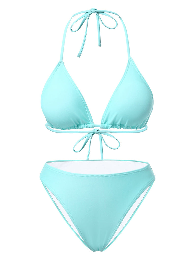 2PCS 1950er Blau Solide Badeanzug & Rosa Blumen Cover-Up