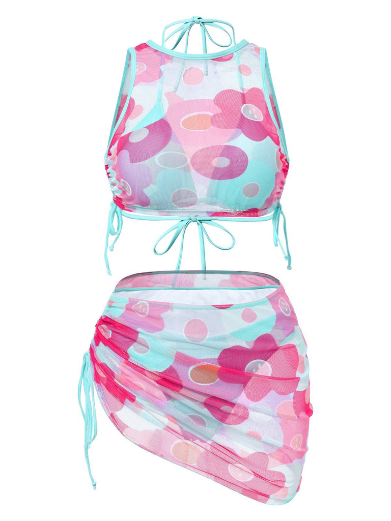 2PCS 1950er Blau Solide Badeanzug & Rosa Blumen Cover-Up