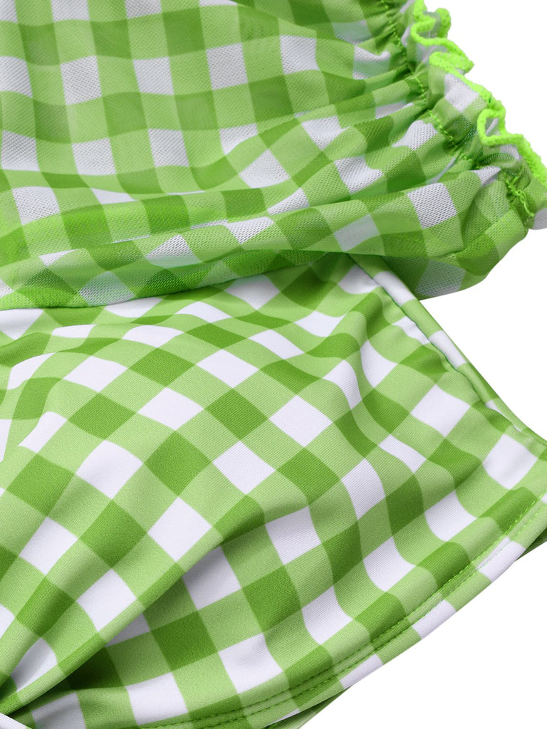 Grün 1960er Gingham Puffärmel Bikini Set