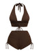Braun 1950er Solide Tief V-Ausschnitt Halfter Bikini Set
