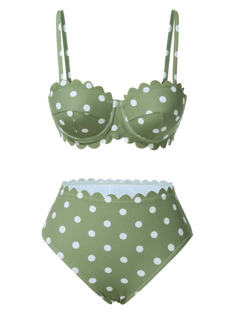 Grün 1940er Blütenblattkante Polka Dots Bikini