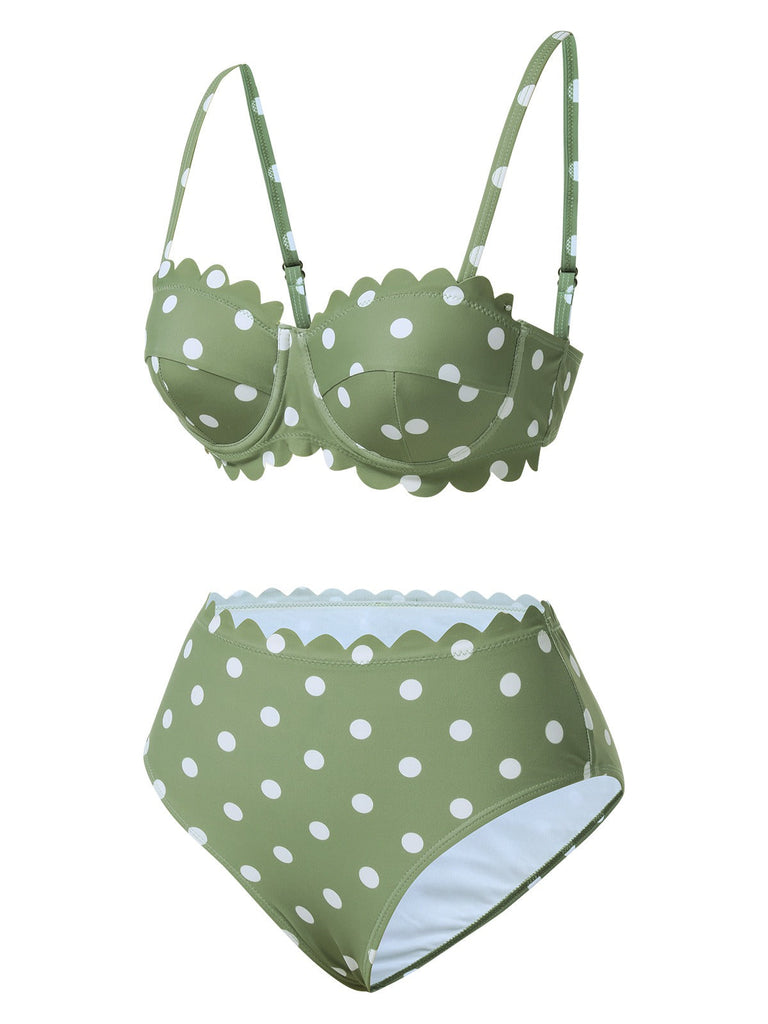 Grün 1940er Blütenblattkante Polka Dots Bikini