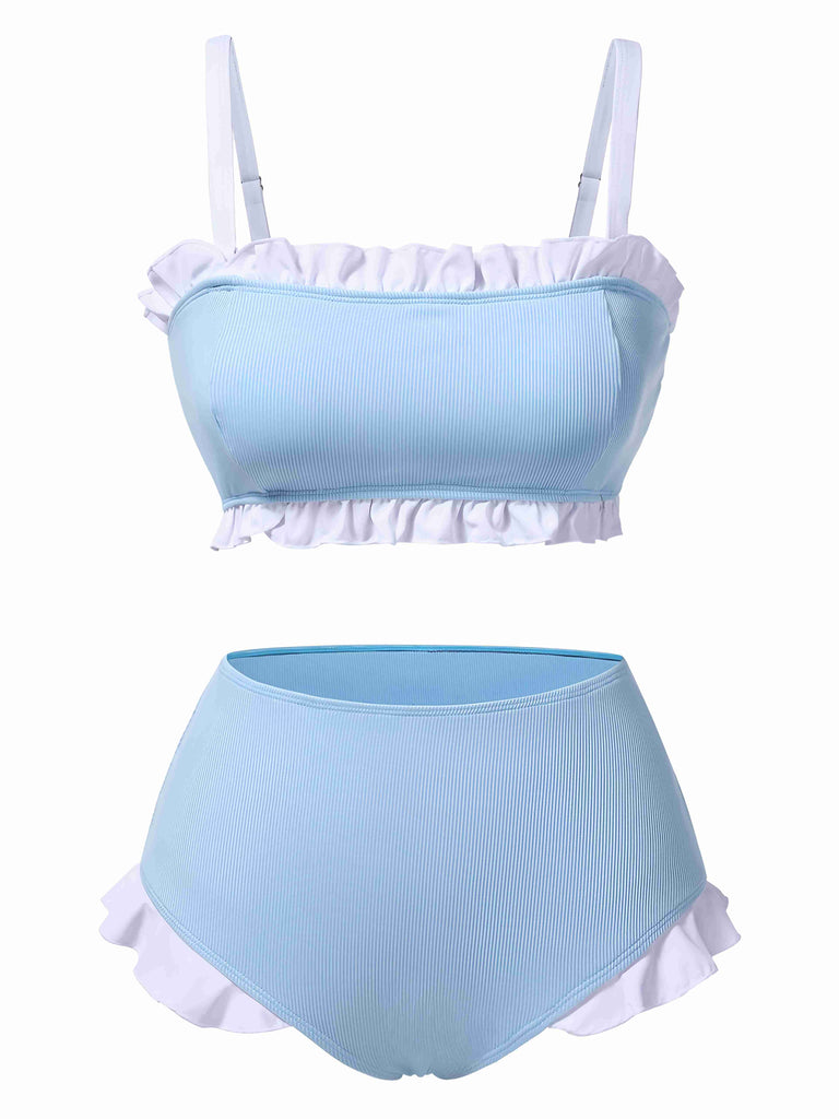 Blau 1950er Rüschen Träger Badeanzug