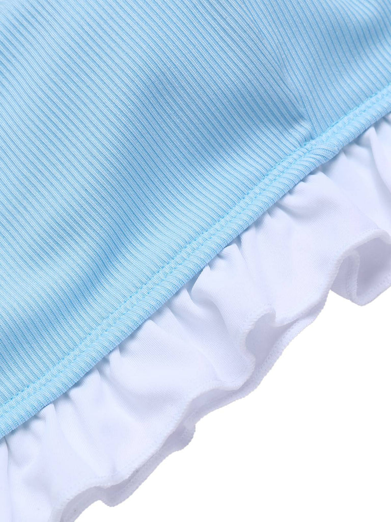 Blau 1950er Rüschen Träger Badeanzug