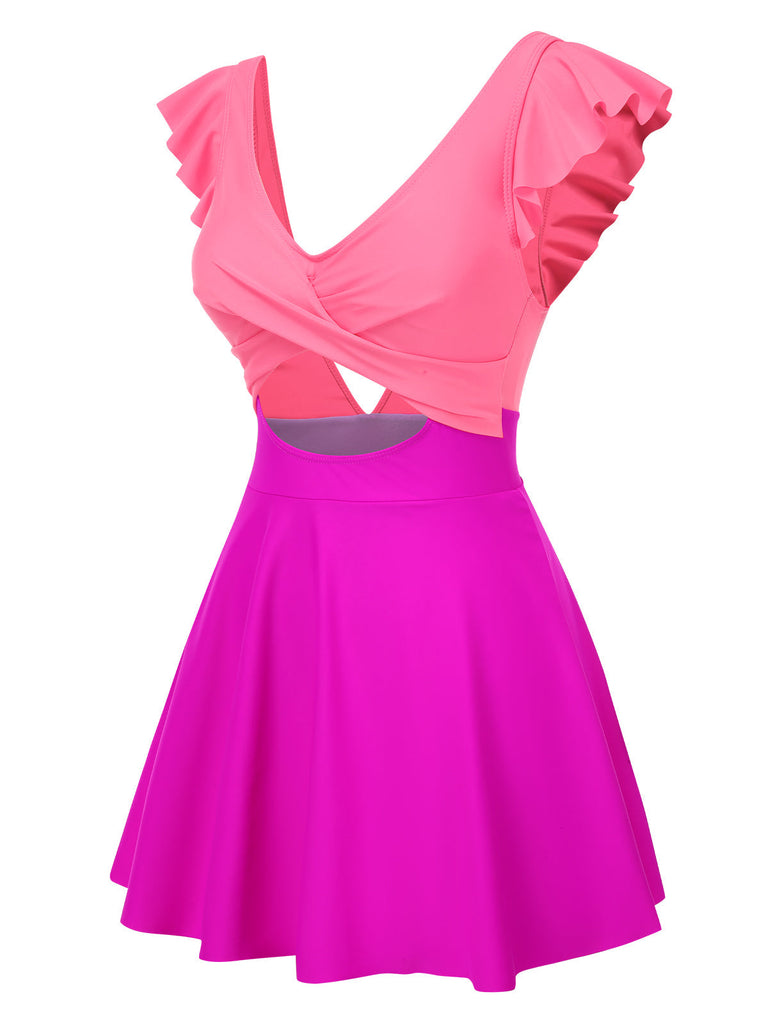 1930er Solide Rüschen Hohl Patchwork Badekleid