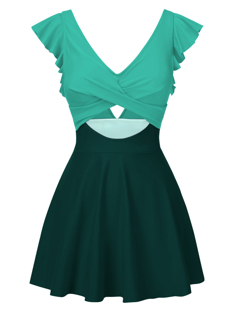 1930er Solide Rüschen Cut-Out Patchwork Swimdress