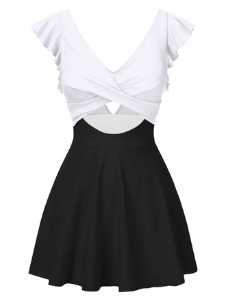 1930er Solide Rüschen Hohl Patchwork Badekleid