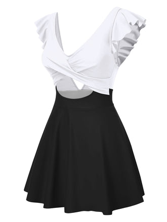 1930er Solide Rüschen Cut-Out Patchwork Swimdress