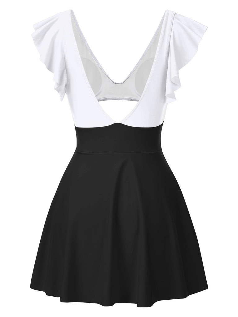 1930er Solide Rüschen Cut-Out Patchwork Swimdress