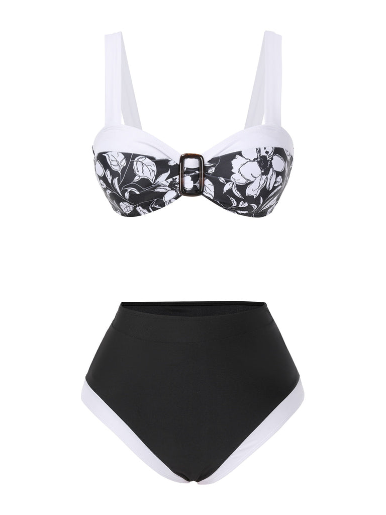 Schwarz 1940er Hepburn Silhouette Blumen Bikini Set