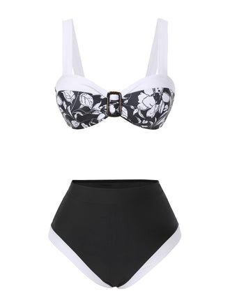 Schwarz 1940er Hepburn Silhouette Blumen Bikini Set