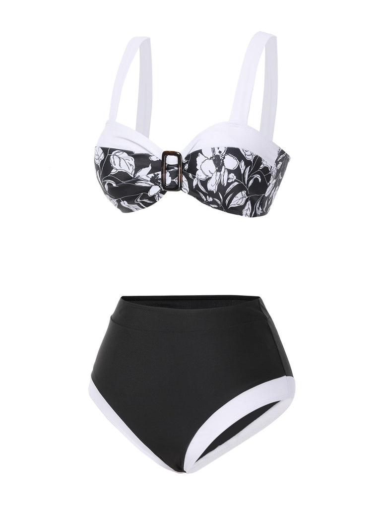 Schwarz 1940er Hepburn Silhouette Blumen Bikini Set