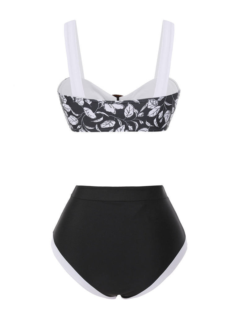 Schwarz 1940er Hepburn Silhouette Blumen Bikini Set