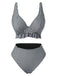 Schwarz 1950er Plaid Tief V-Ausschnitt Rüschen Bikini Set