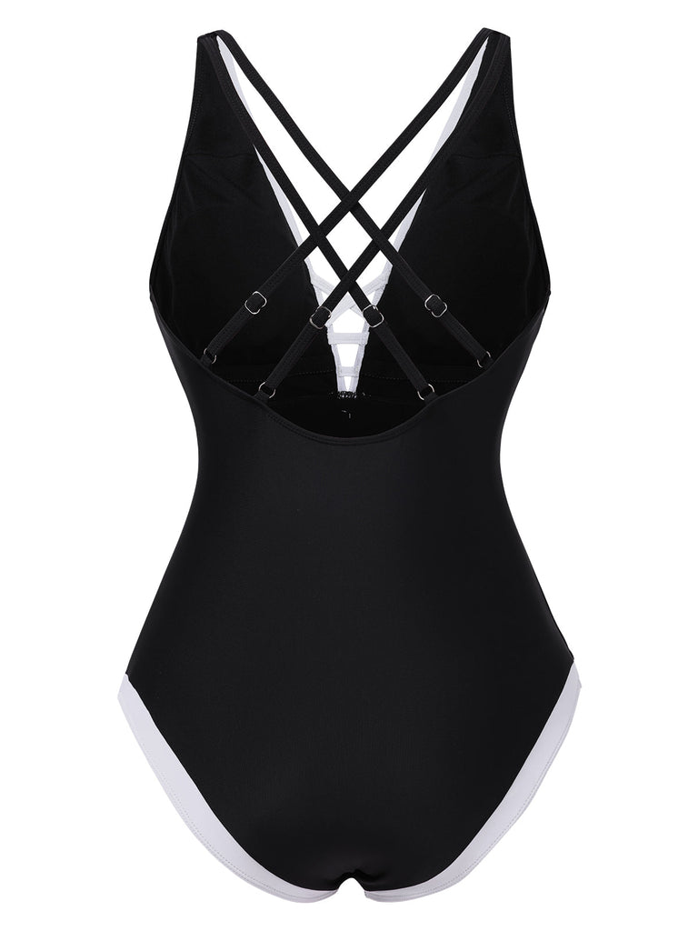 Schwarz 1950er 3D-Blumen Patchwork Badeanzug