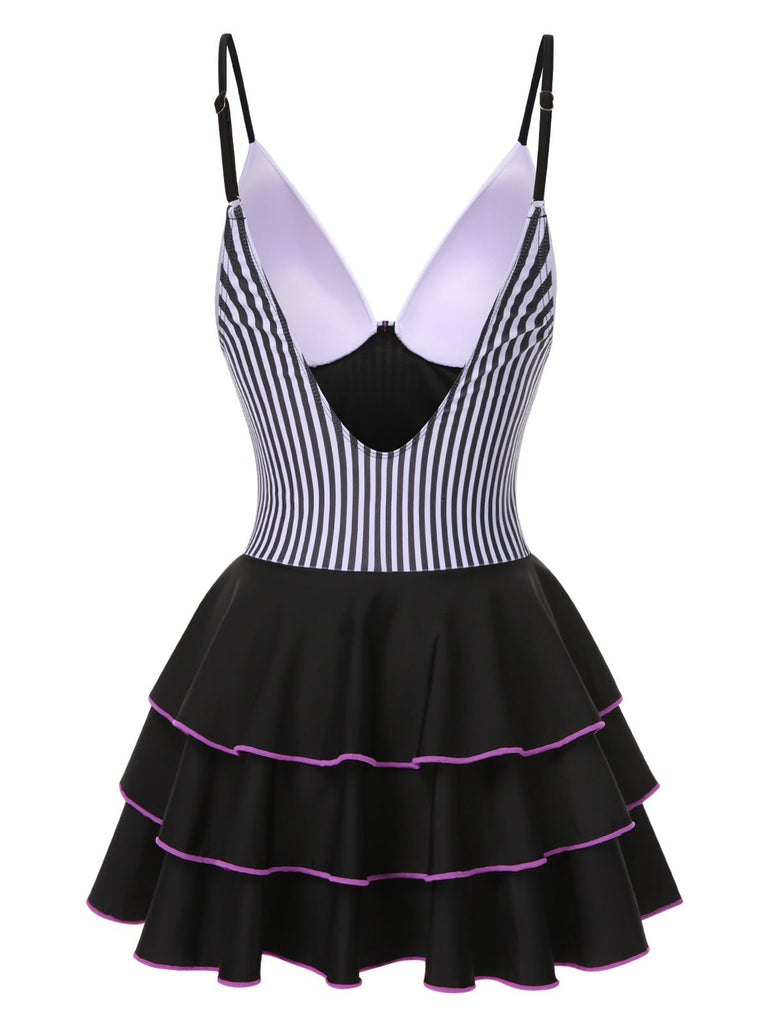 1940er Streifen Patchwork Mehrlagiger Saum Swim Kleid