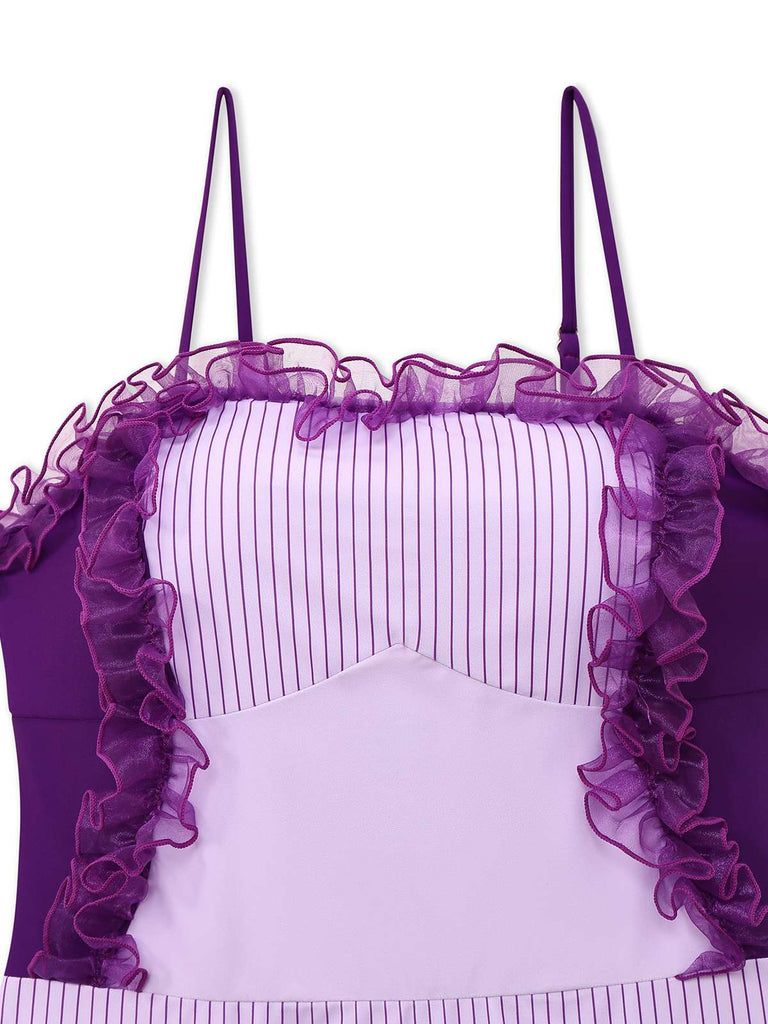 Lavendel 1950er Streifen Netz Rüschen Badeanzug