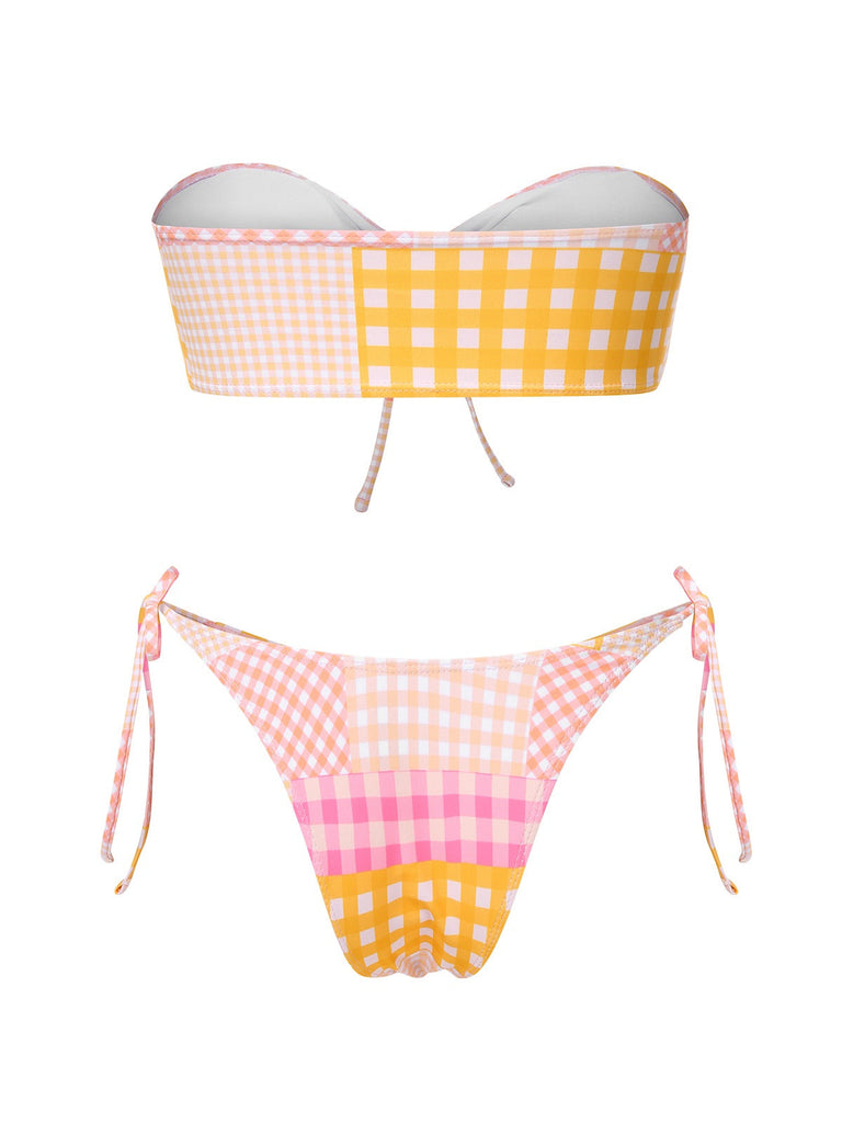 Rosa 1970er Gingham Plaid Bandeau Bikini Set
