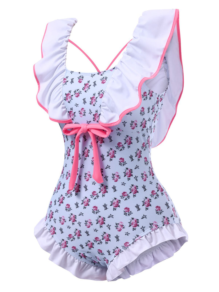 Blau 1950er Kleine Blumen Bogen Rüschen Badeanzug