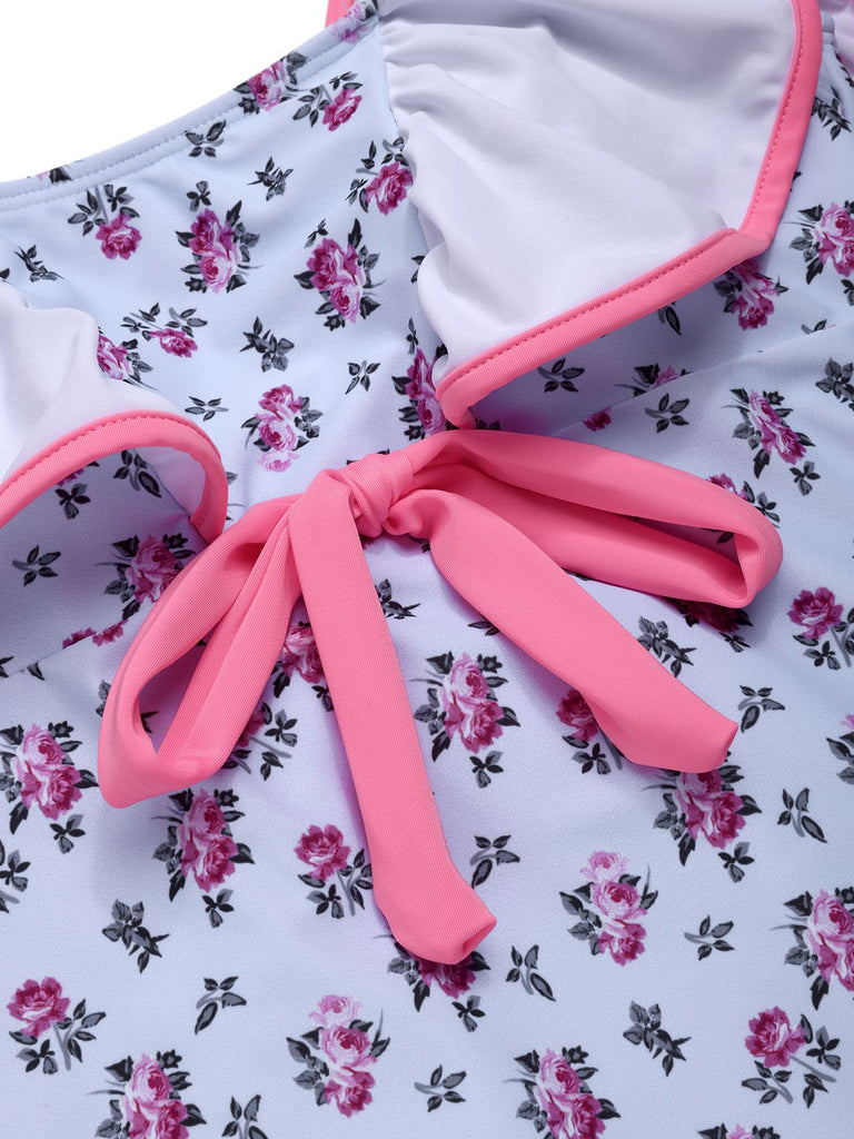 Blau 1950er Kleine Blumen Bogen Rüschen Badeanzug