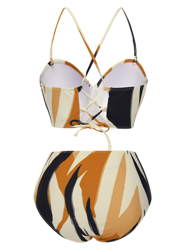 2PCS Multicolor 1960er Künstlerischer Pinsel Träger Schnürung Bademode & Cover-Up