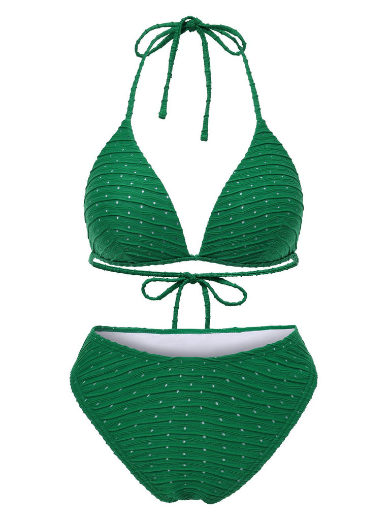 2PCS 1940er Halter Textur Solide Bikini Set & Cover-Up