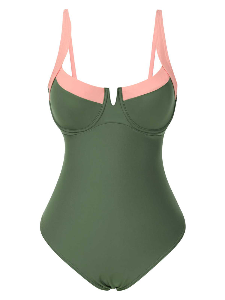 1980er Farbblock Träger High-Leg Badeanzug