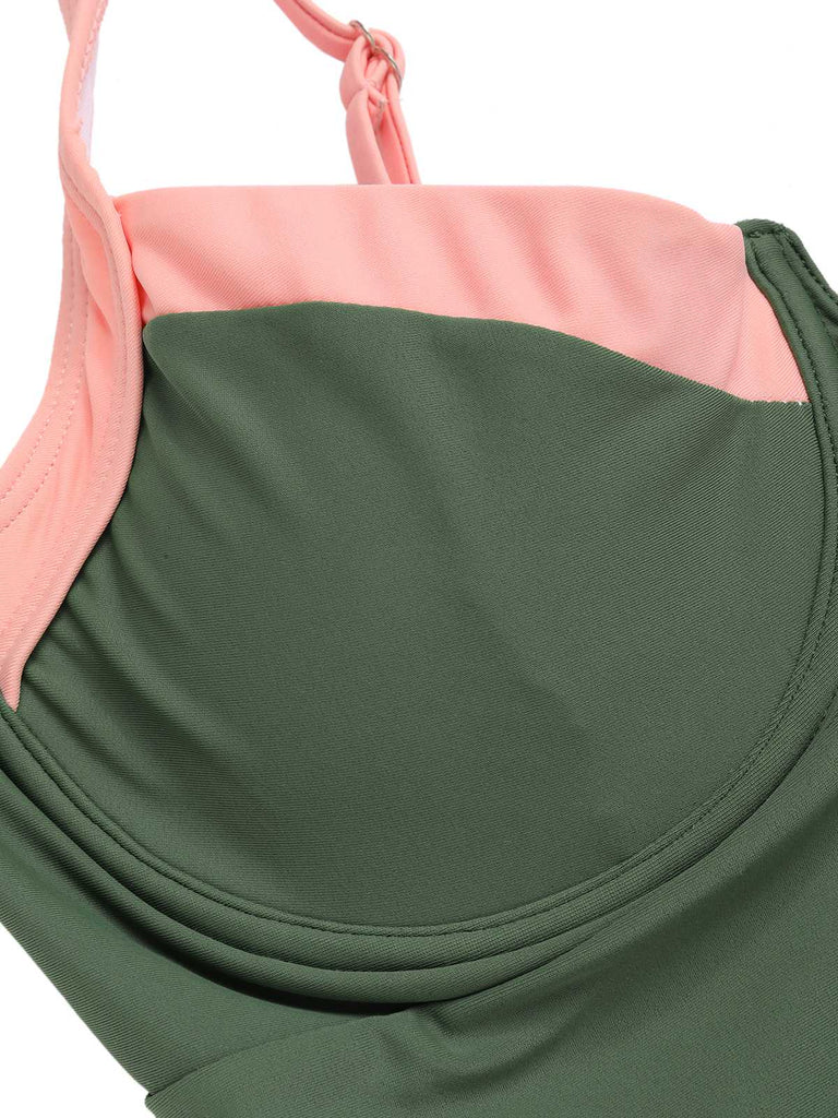 1980er Farbblock Träger High-Leg Badeanzug