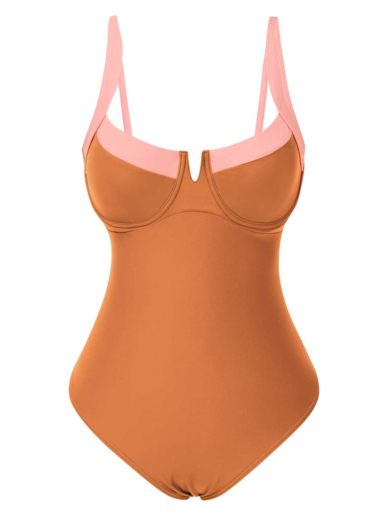 1980er Farbblock Träger High-Leg Badeanzug