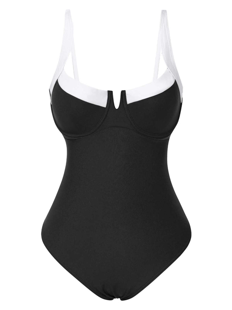 1980er Farbblock Träger High-Leg Badeanzug