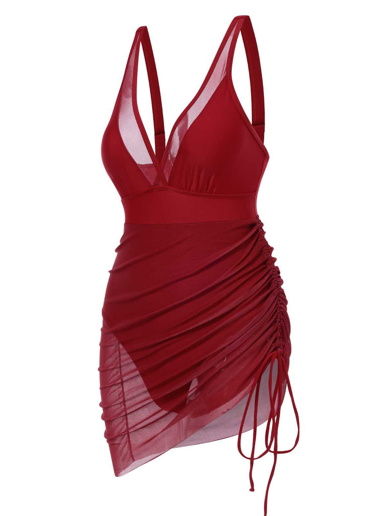 [Vorverkauf] 1950er Träger Sheer Netz Solide Badeanzug