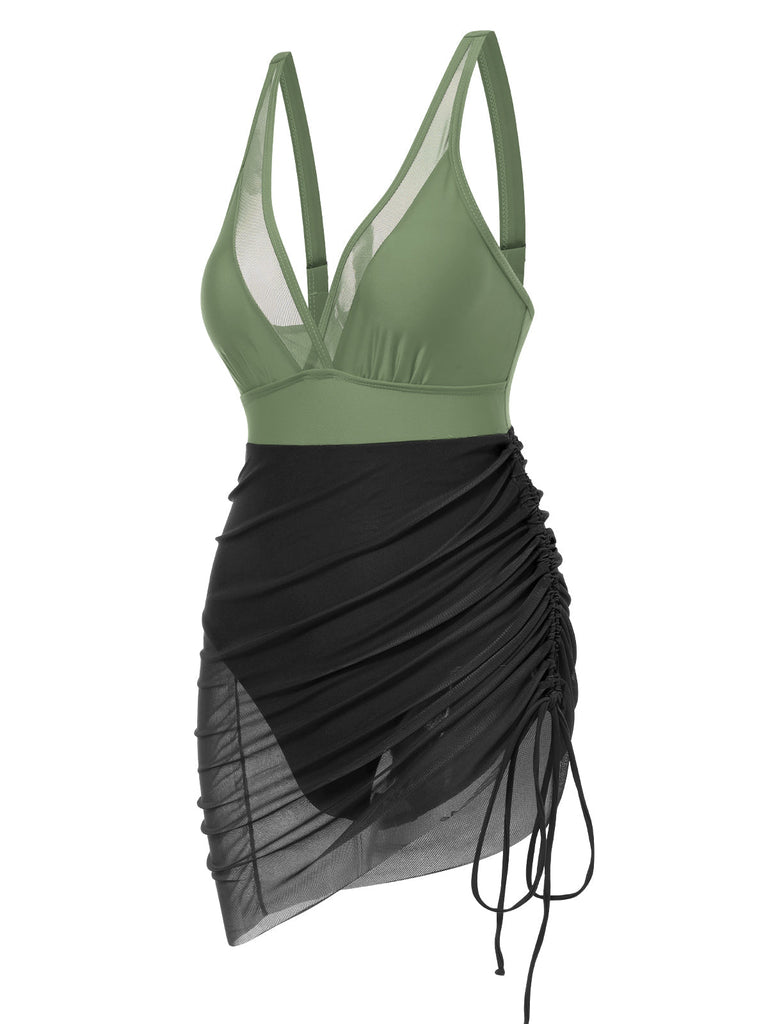 [Vorverkauf] 1950er Träger Sheer Netz Solide Badeanzug