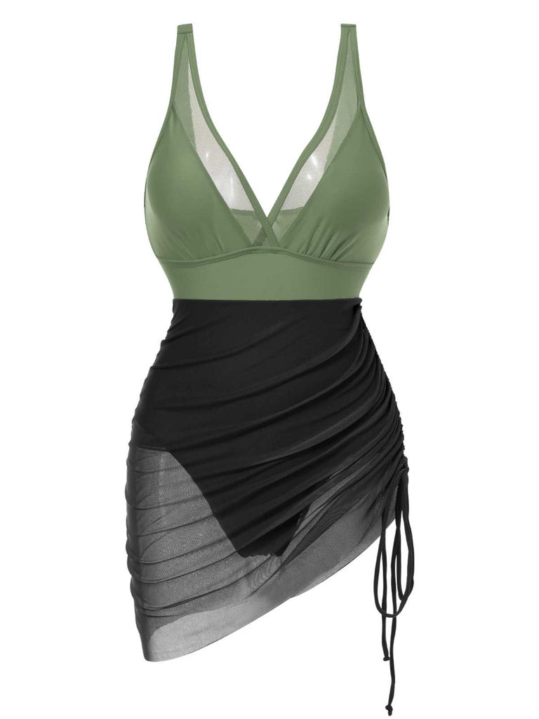 [Vorverkauf] 1950er Träger Sheer Netz Solide Badeanzug