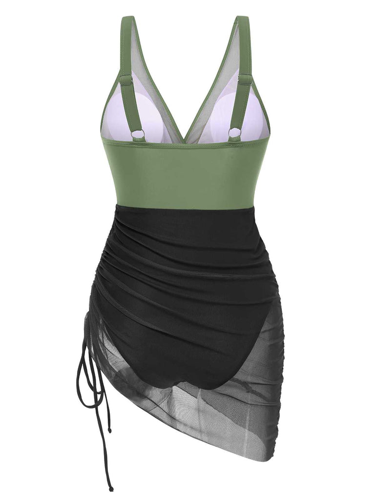 [Vorverkauf] 1950er Träger Sheer Netz Solide Badeanzug