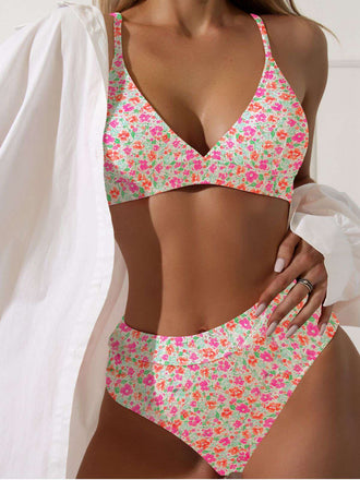 Mehrfarbig 1950er Ditsy Blumen Rückenkrawatte Bikini Set