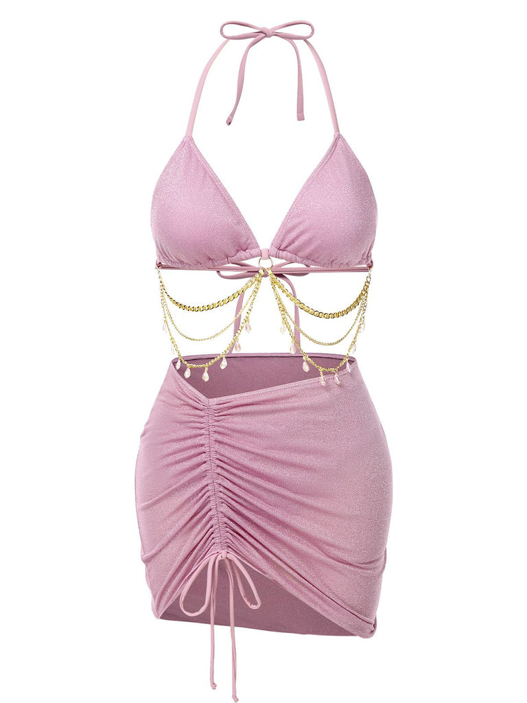 Rosa 1970er Shimmery Schimmernder Kettenkristall Bikini & Cover-Up
