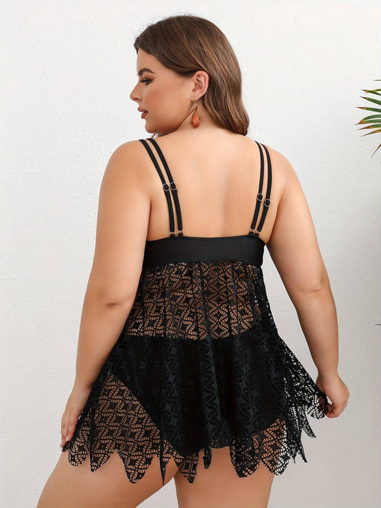 [Übergröße] Schwarz 1950er Solide Bohemien Spitze Tankini Set