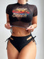 Schwarz 1960er Tropische Strand Kordelzug Bikini Set & Transparent Top