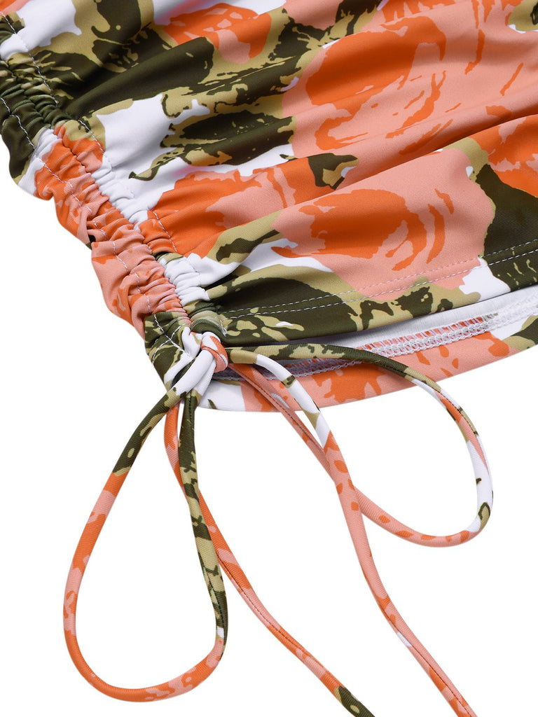 Grün 1960er Bandeau Halter Blumen Kordelzug Bademode