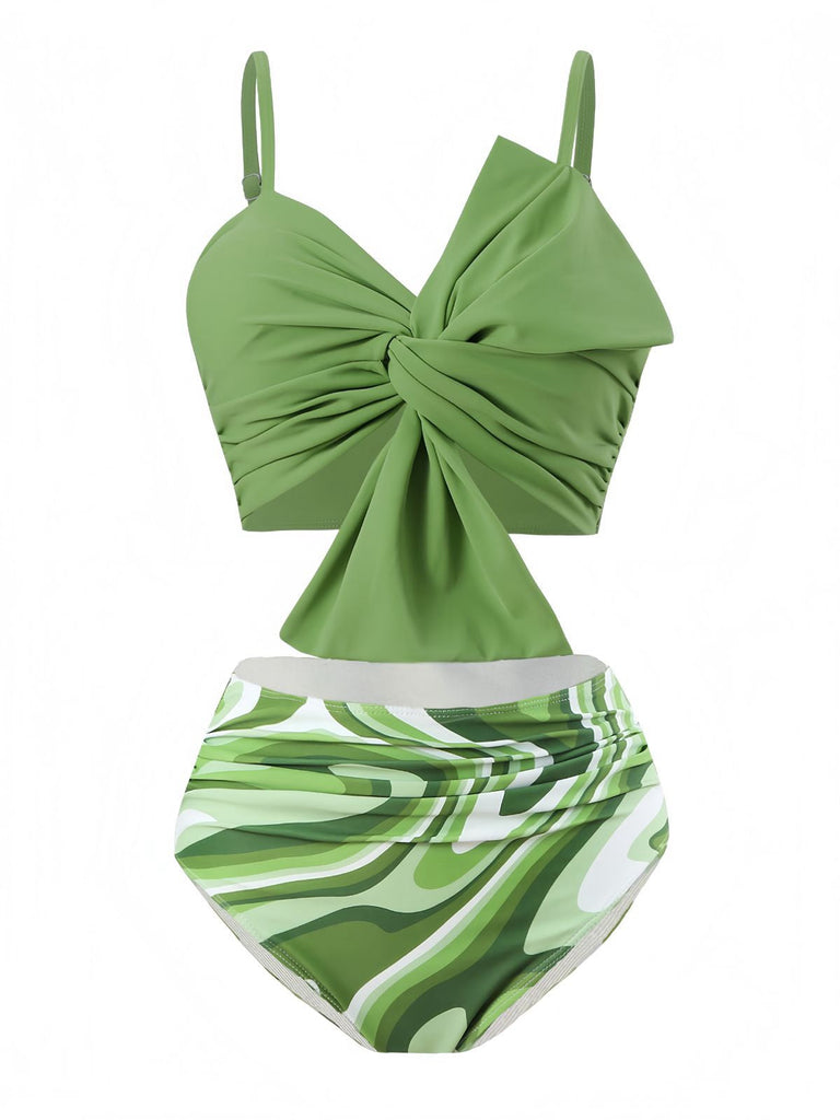 Grün 1960er Knotted Aquarell Träger Bikini Set