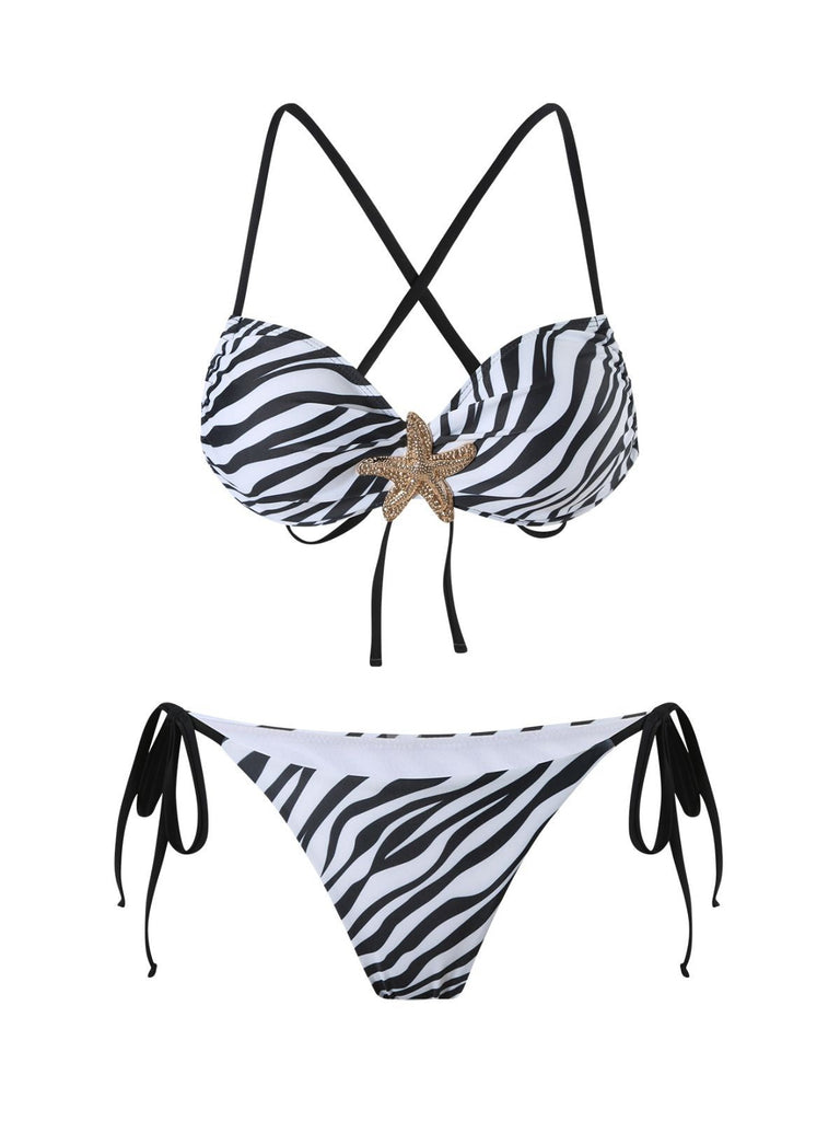 Schwarz & Weiß 1950er Zebra Streifen Seestern Bikini Set