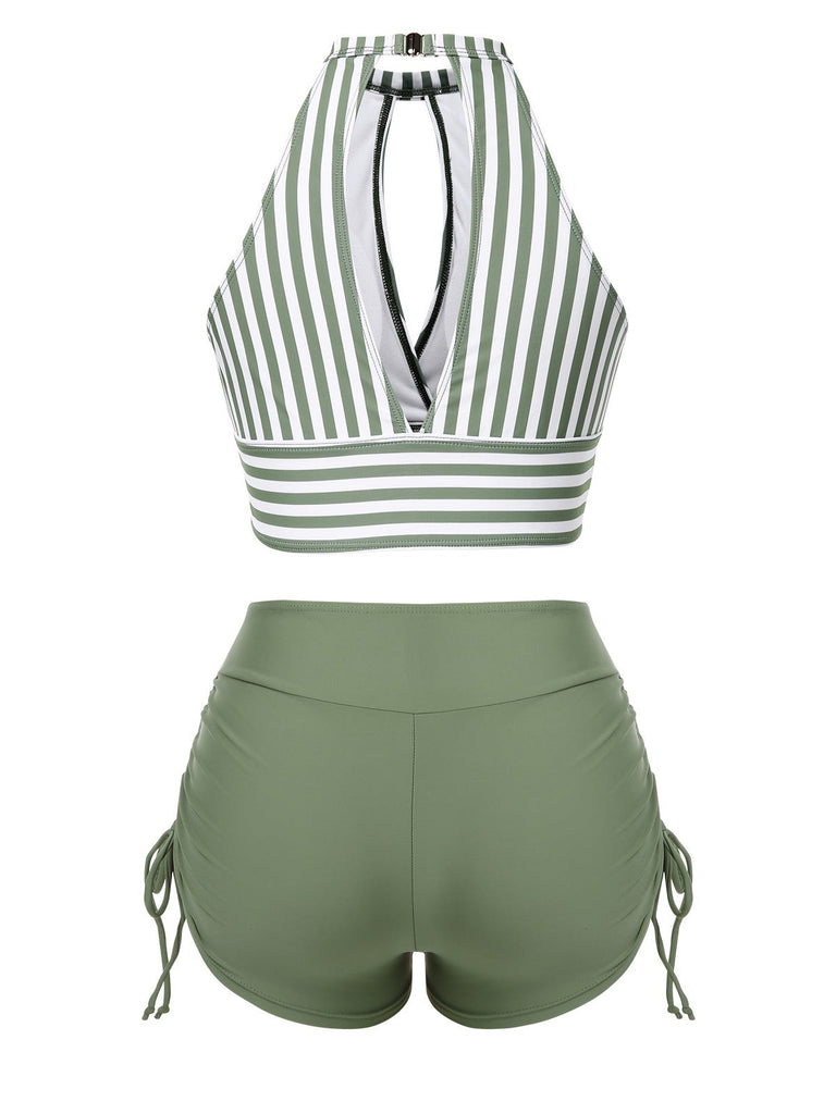 [Vorverkauf] Grün 1950er Rundhals Halter Hohl Streifen Badeanzug