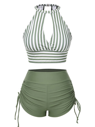 [Vorverkauf] Grün 1950er Rundhals Halter Hohl Streifen Badeanzug