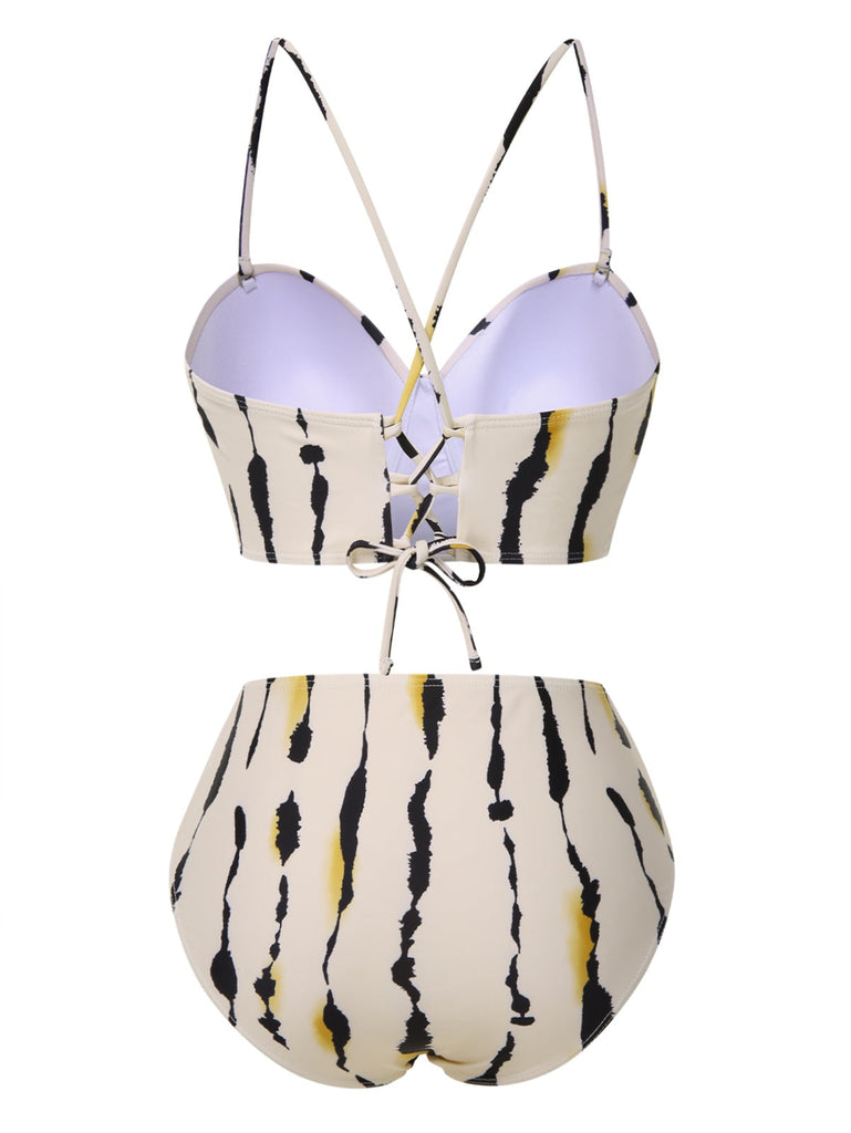 Beige 1950er Zurück Kreuz Träger Tinte Spritzer Bademode