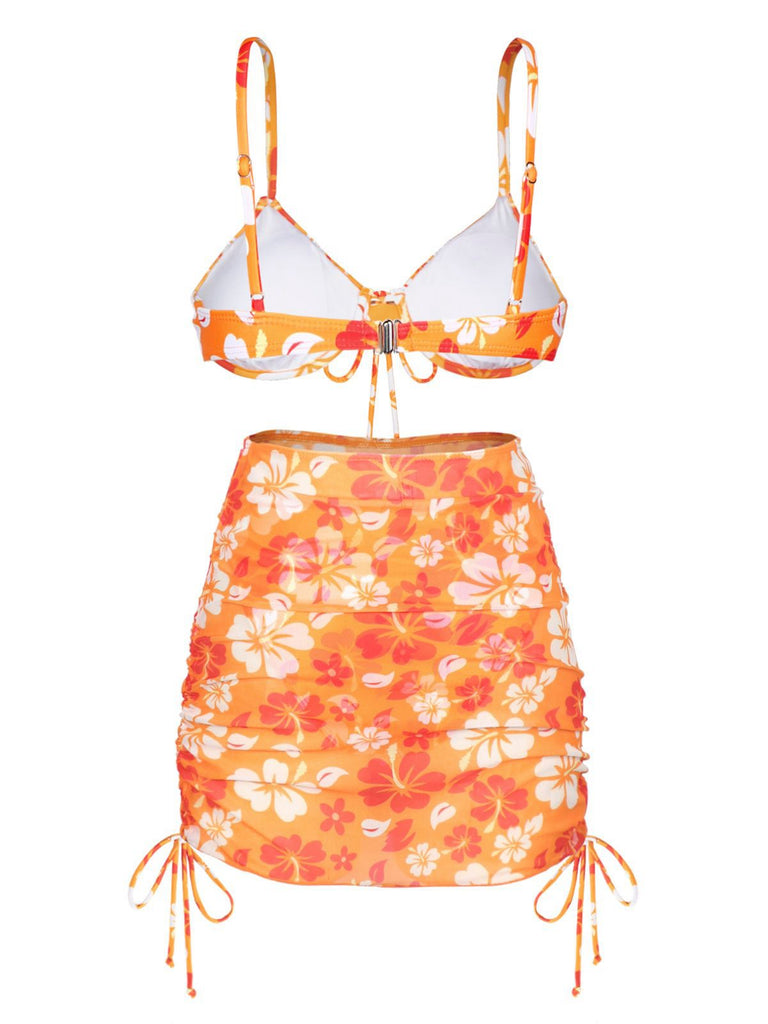 Orange 1950er Silhouette Blumen Träger Rock Bikini