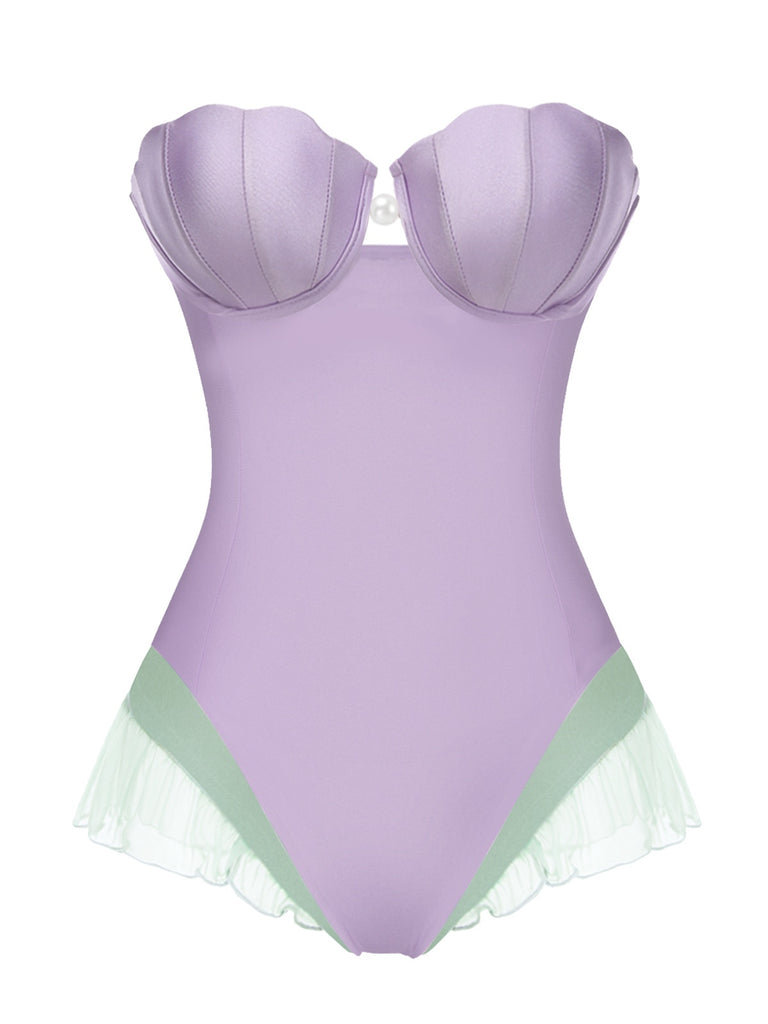 Lila 1970er Hülse Meerjungfrauen Bandeau Einteiliger Badeanzug