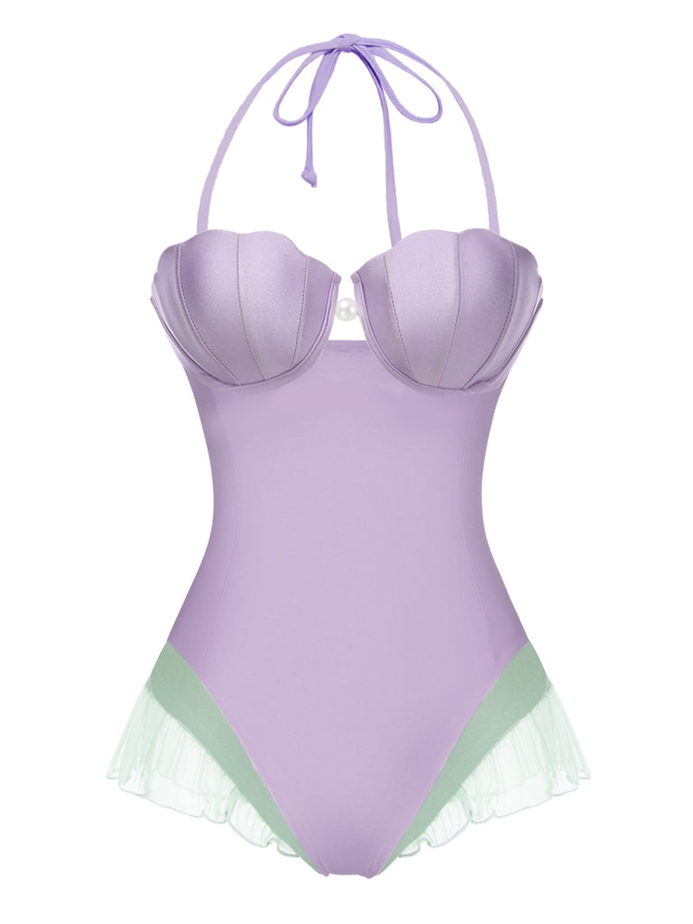 Lila 1970er Hülse Meerjungfrauen Bandeau Einteiliger Badeanzug
