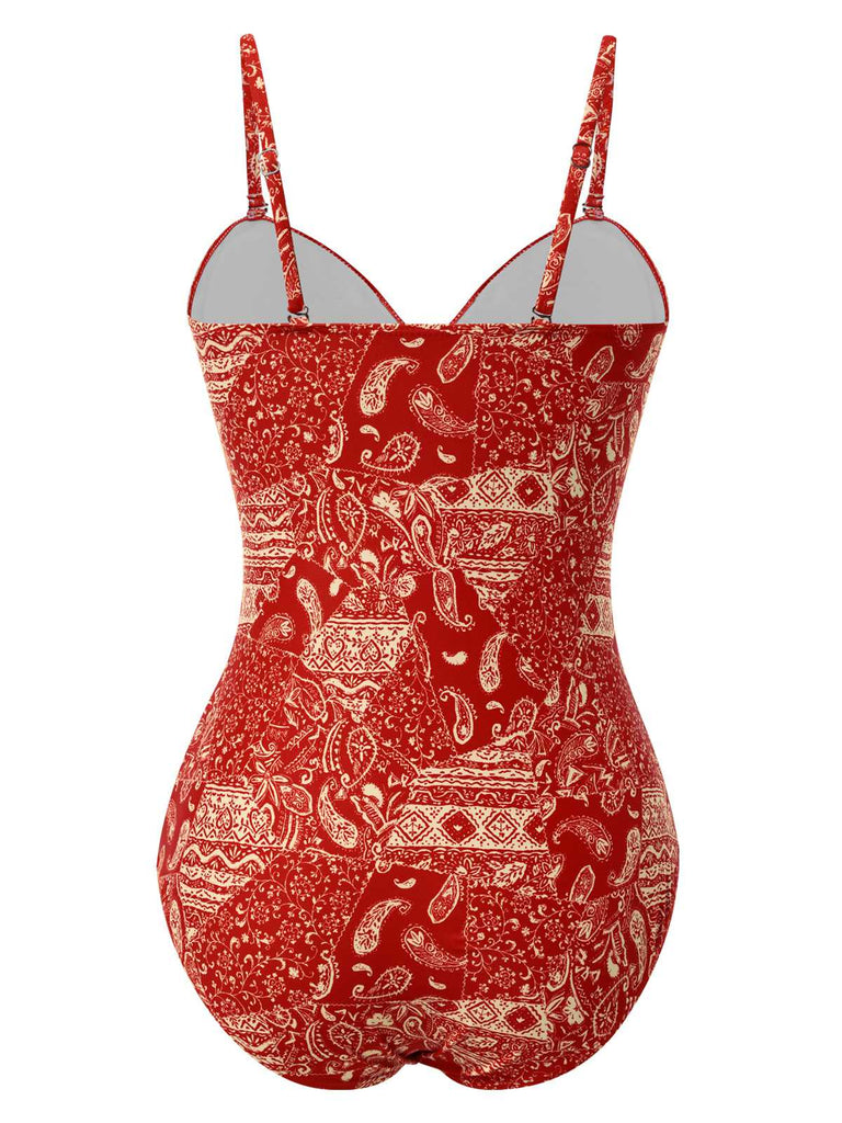 Rot 1970er Paisley Hohl Spaghetti Träger Badeanzug